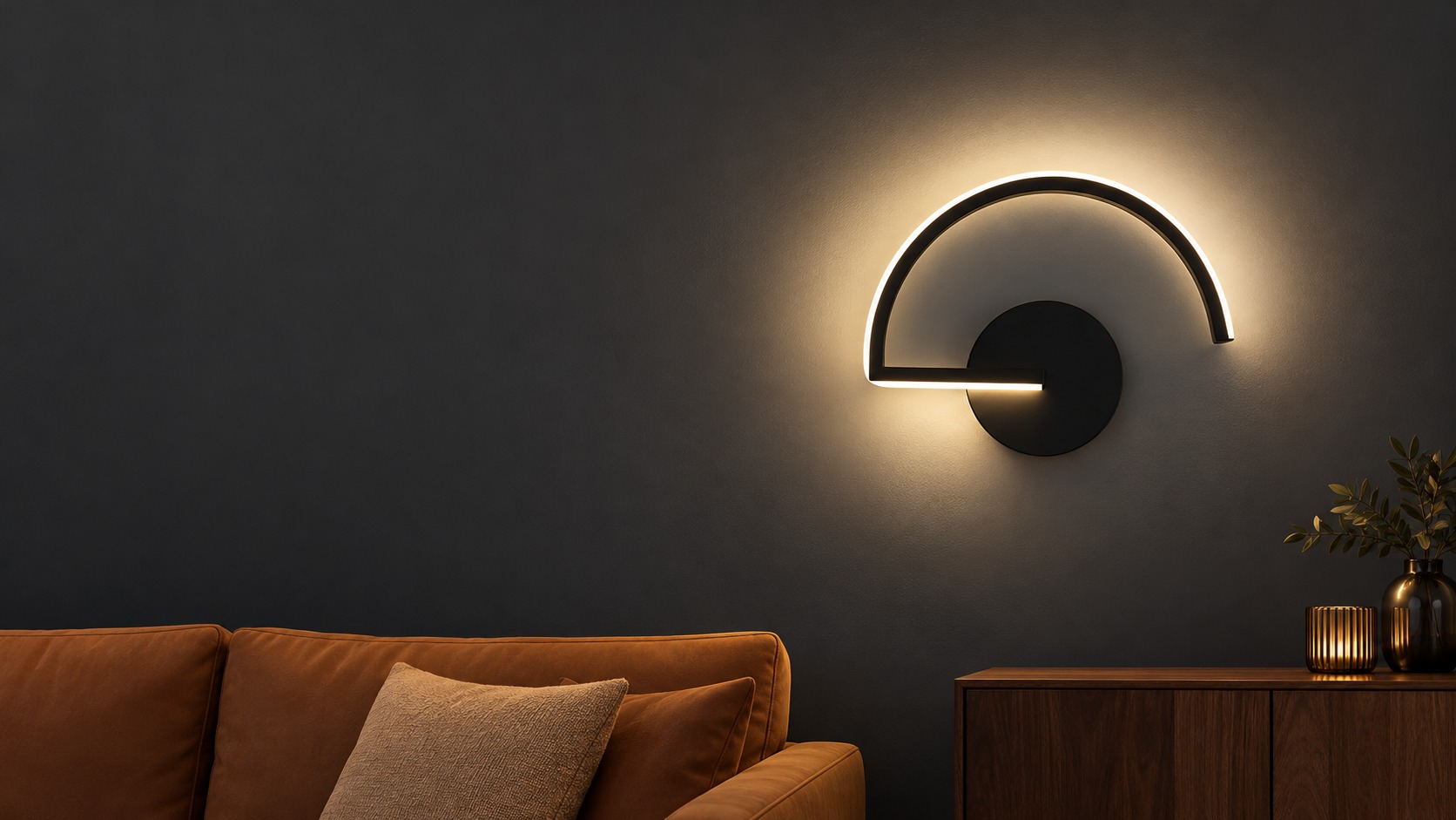 Minimalist Semi-Circle Metal Wall Light in black, styled in a warm living roomslider_item_1